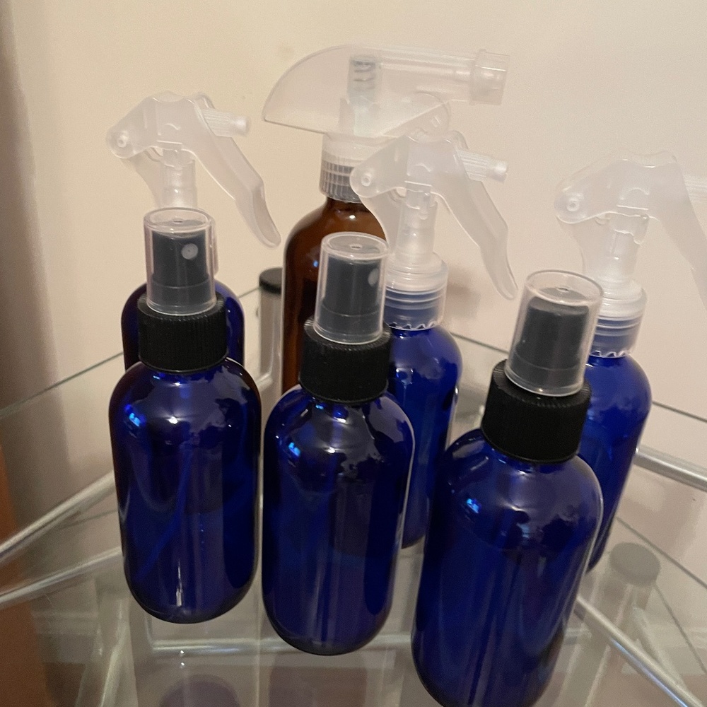 Amber and Cobalt Blue Glass Spray Bottles Never used.